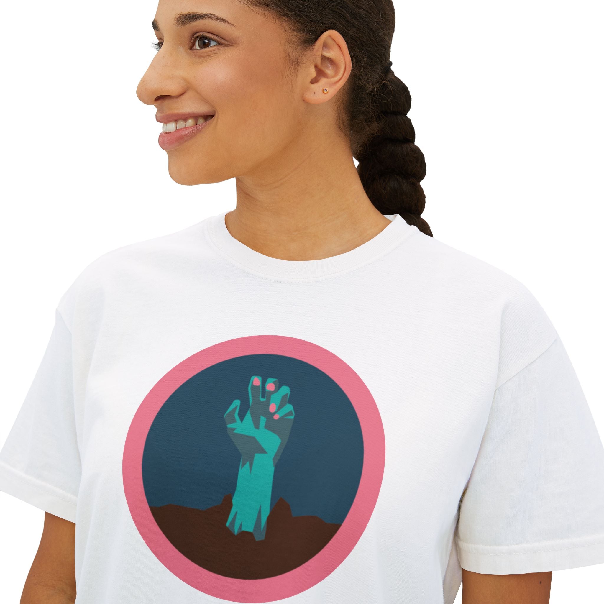 Halloween hand with pink nail polish tee - Trendy Women's Boxy Tee with Hand Design