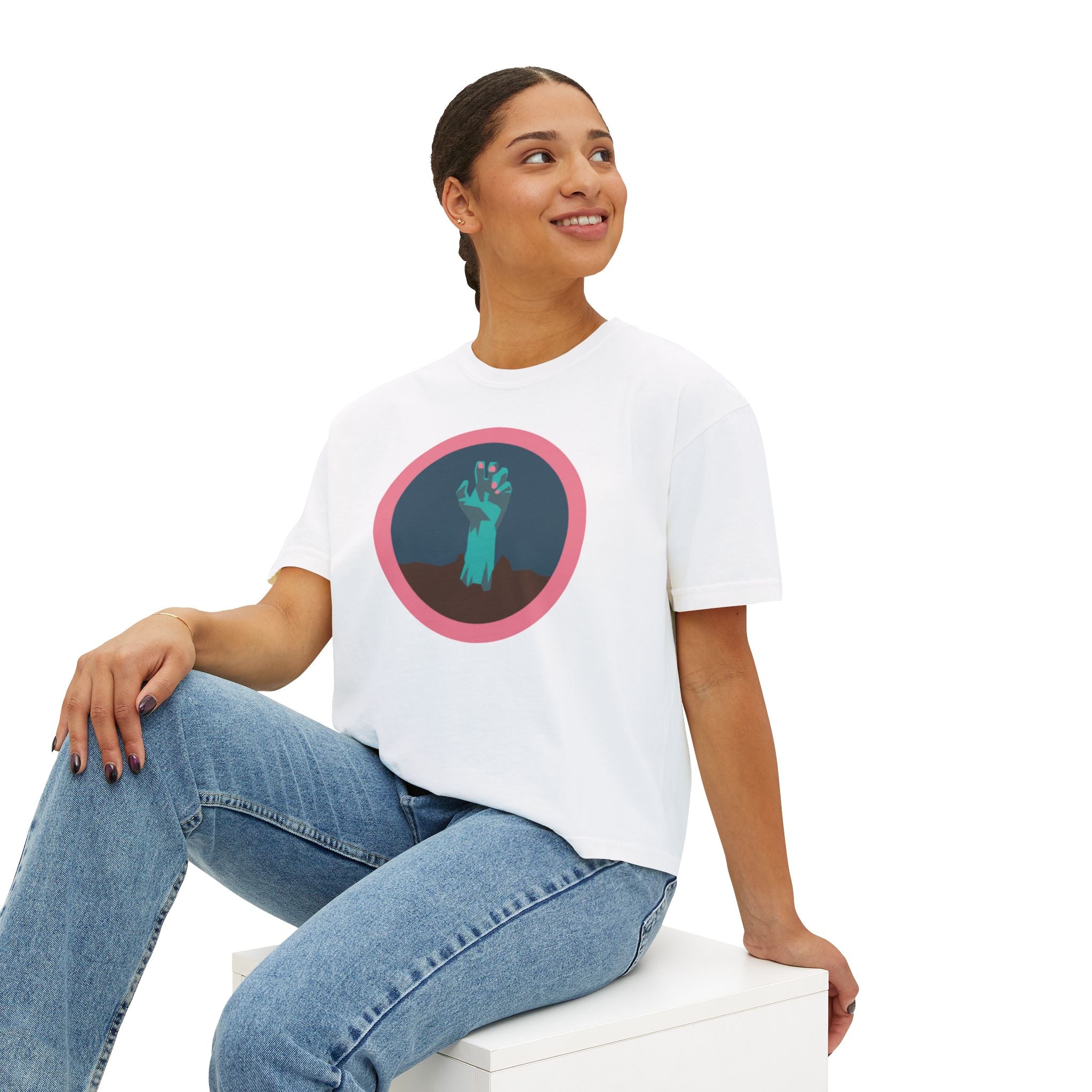 Halloween hand with pink nail polish tee - Trendy Women's Boxy Tee with Hand Design