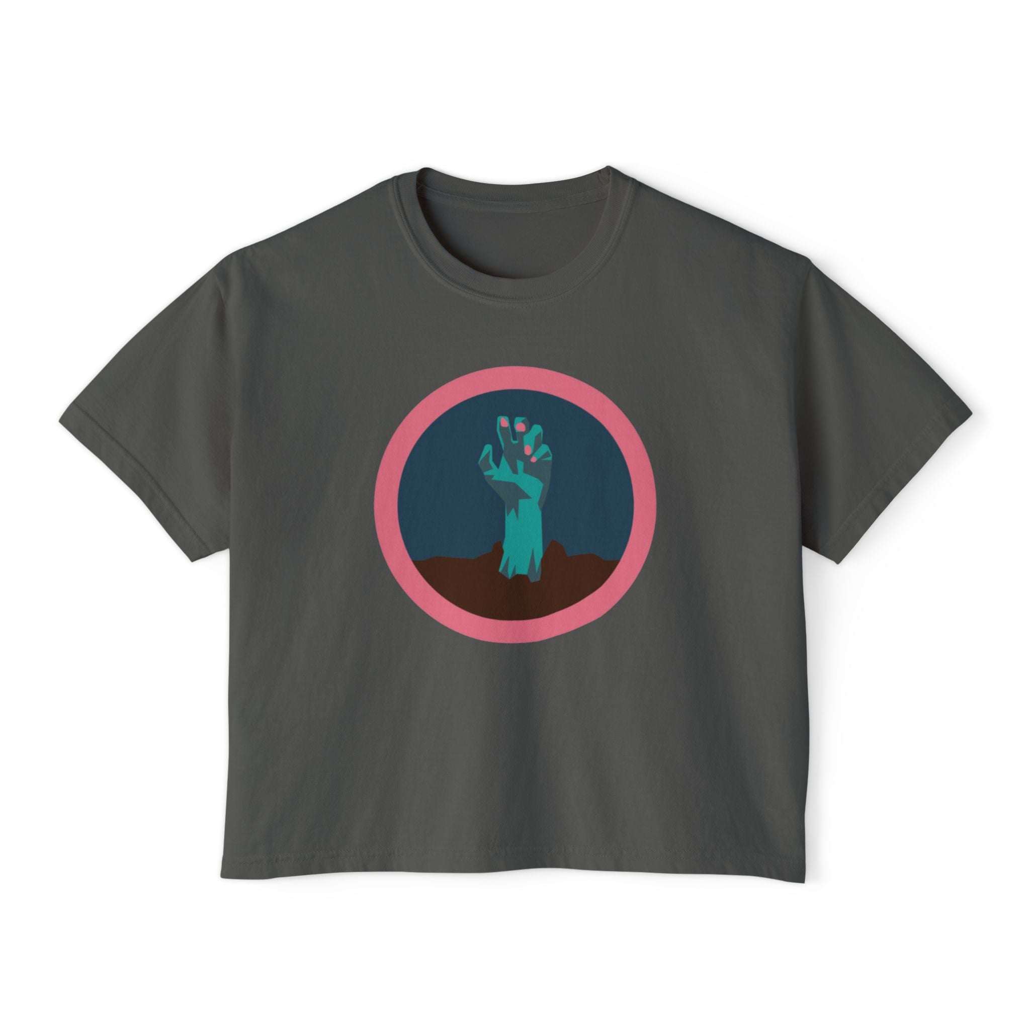 Halloween hand with pink nail polish tee - Trendy Women's Boxy Tee with Hand Design