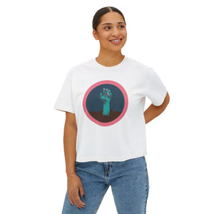 Halloween hand with pink nail polish tee - Trendy Women's Boxy Tee with Hand Design