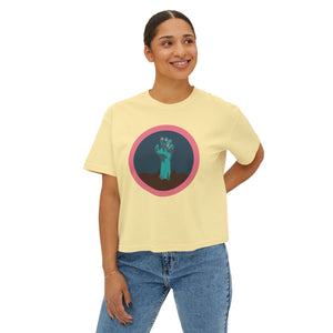 Halloween hand with pink nail polish tee - Trendy Women's Boxy Tee with Hand Design