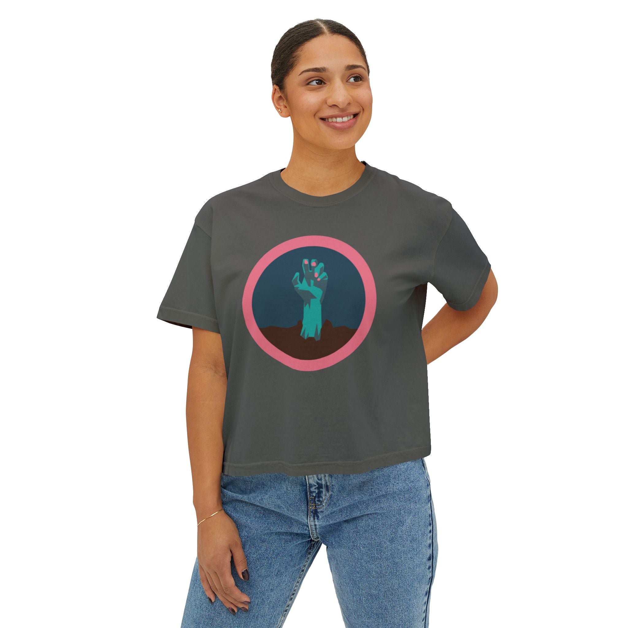 Halloween hand with pink nail polish tee - Trendy Women's Boxy Tee with Hand Design
