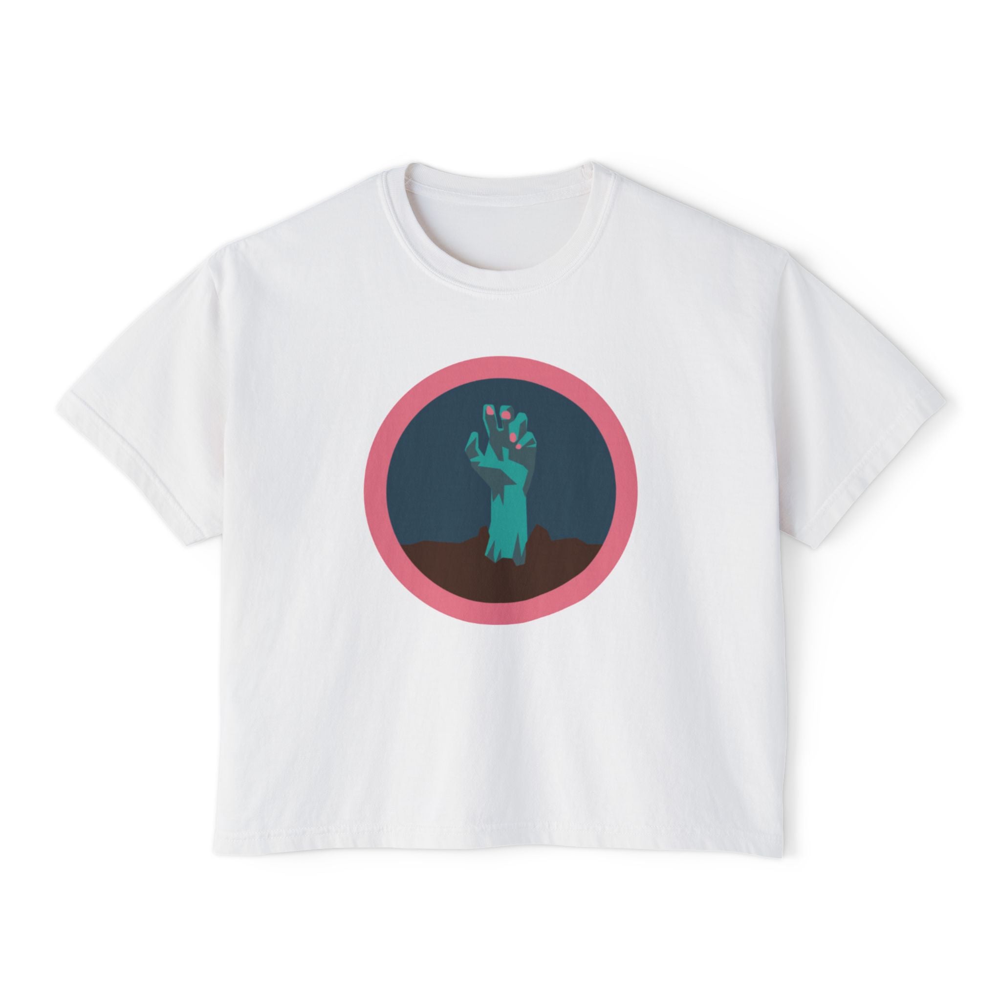 Halloween hand with pink nail polish tee - Trendy Women's Boxy Tee with Hand Design