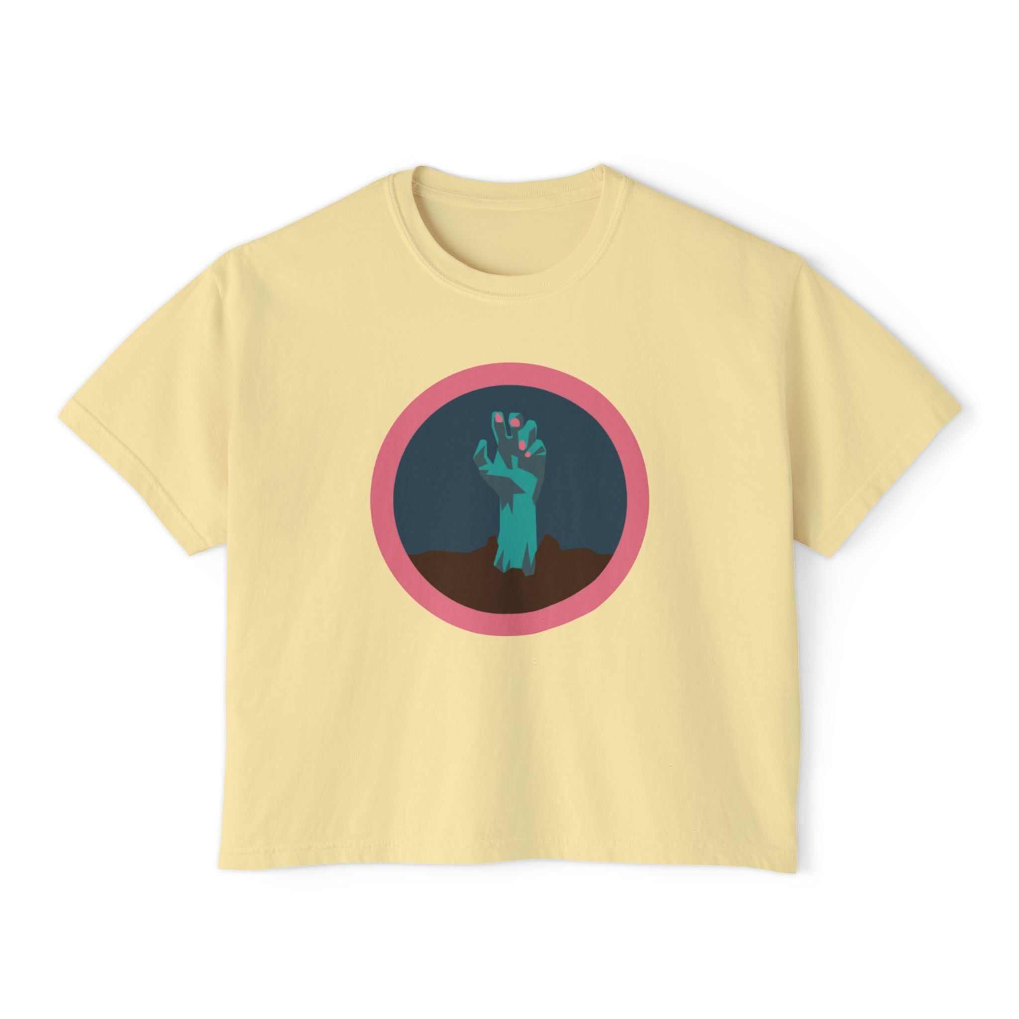 Halloween hand with pink nail polish tee - Trendy Women's Boxy Tee with Hand Design