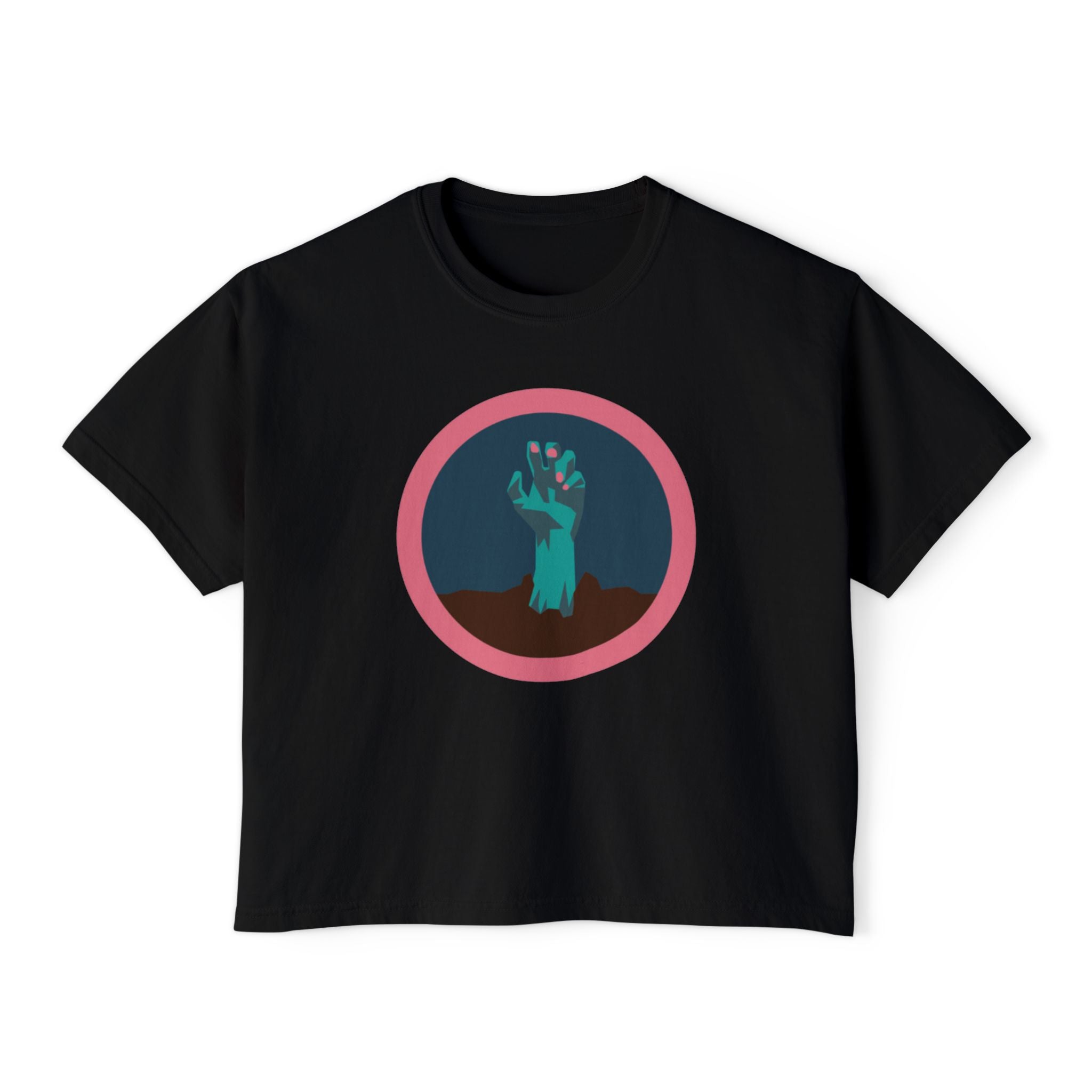 Halloween hand with pink nail polish tee - Trendy Women's Boxy Tee with Hand Design