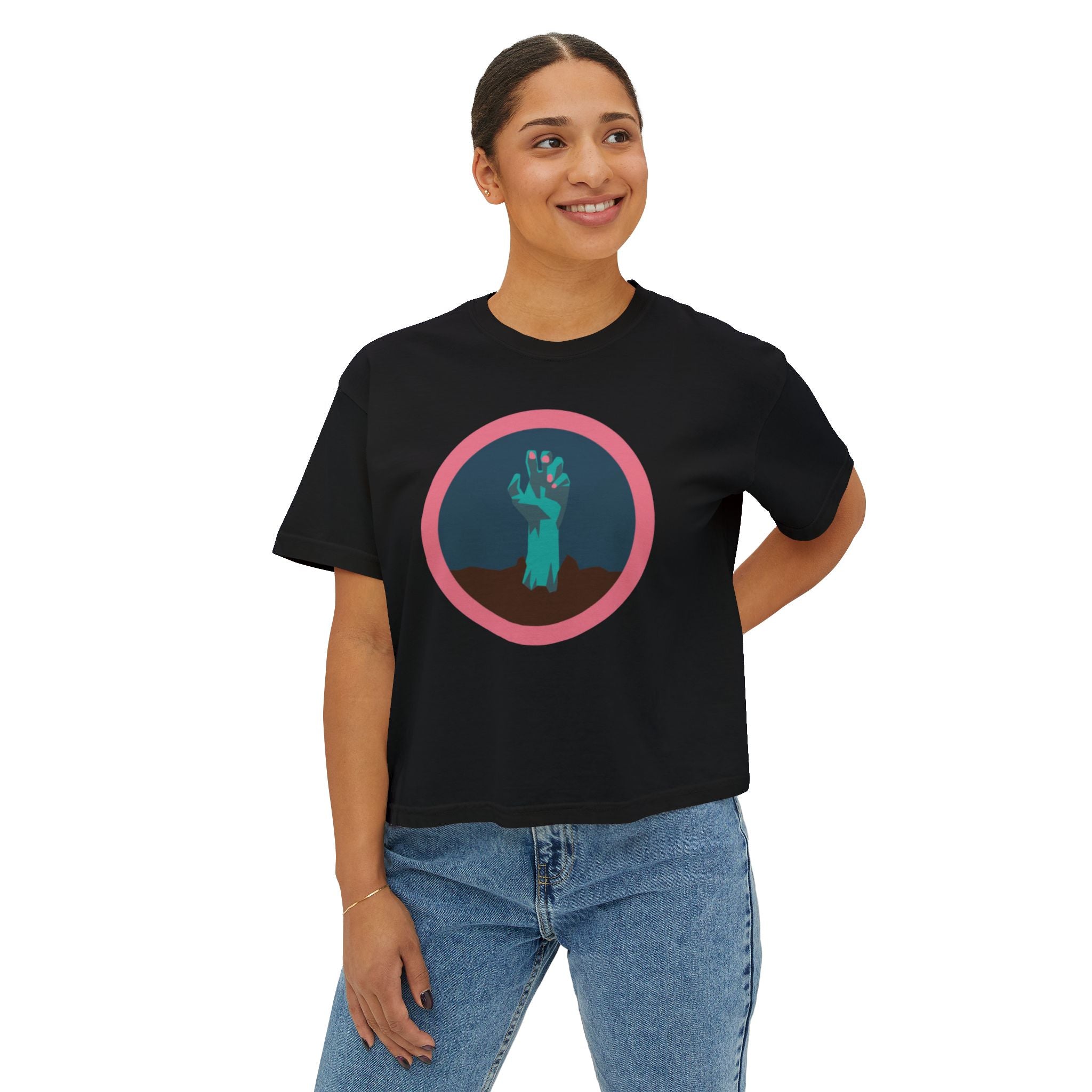 Halloween hand with pink nail polish tee - Trendy Women's Boxy Tee with Hand Design